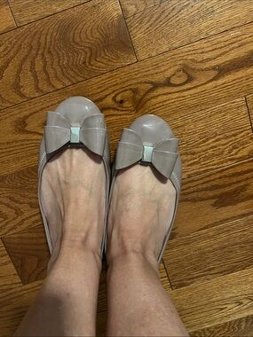 Bandolino Taupe Patent Bow Peep-Toe Flats
